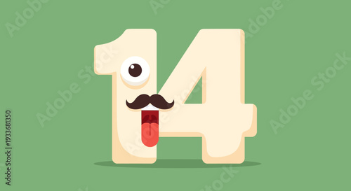 Number 14 illustration with face, mustache, tongue, eye, expression on green background viewed straight