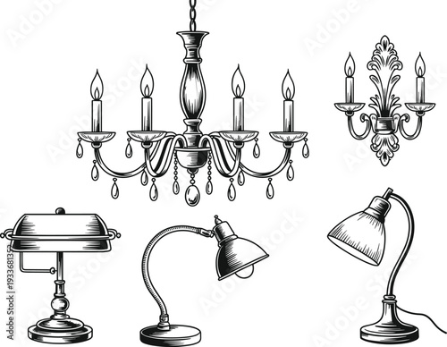 Vintage chandelier and desk lamps engraving style vector illustration featuring classic wall sconces antique lighting fixtures isolated