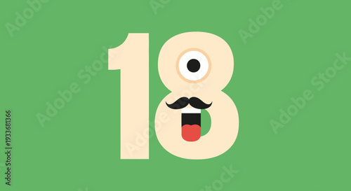 A cartoonish illustration of the number eighteen with a playful face on a green background viewed straight on digitally