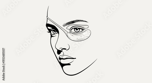 Stylized monochrome illustration of a woman's profile with rejuvenating eye patches on delicate skin