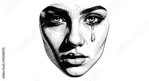 Expressive monochrome sketch capturing a woman's profound sadness with a single falling tear