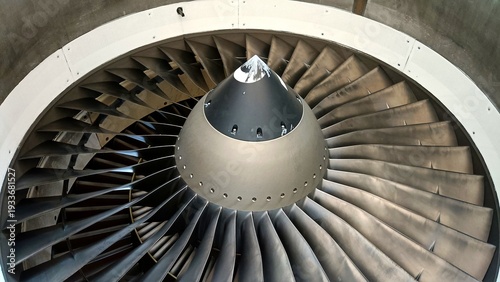 Close-up of an airplane turbofan engine with circular fan blades
