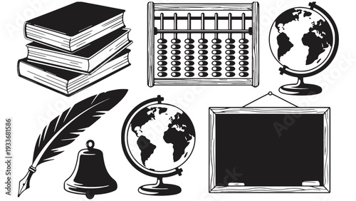 Education icon set including books, globe, and blackboard illustration