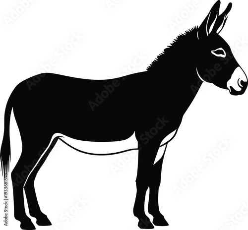 Black donkey silhouette standing in profile with blue outlines isolated on white background for farm animal livestock and nature designs