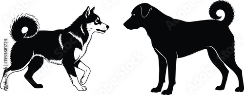 Black and White Vector Silhouette Illustration of Two Dogs Facing Each Other Featuring a Siberian Husky and a Large Guard Dog