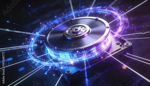 HDD Drive Data Flow: Depicting Hard drive with glowing digital paths conveying the relentless flow of data in an age defined by information and connectivity.