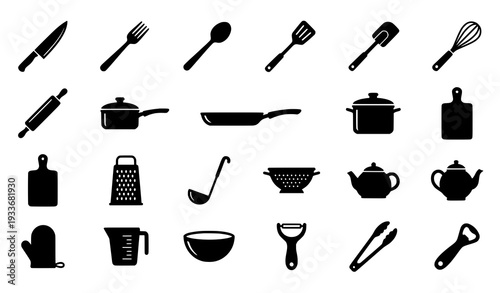 Kitchen Tool Silhouette Icon Set Black Culinary Utensils Vector Collection