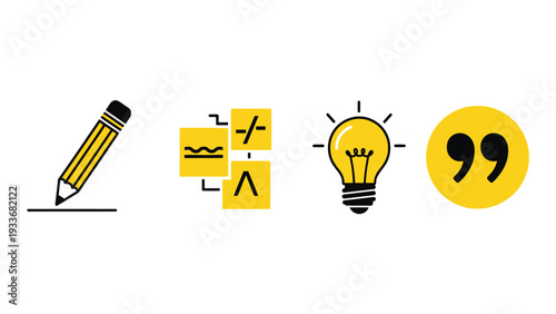 A pencil icon with mathematical symbols and a lightbulb illustration