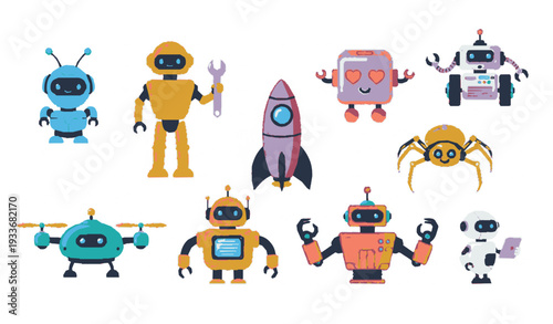 Cute cartoon robot vector set with colorful futuristic characters for kids and technology-themed designs