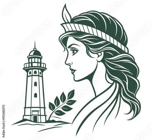 A minimalist vector illustration of a beautiful woman with floral hair and bold lips silhouetted against a summer sky featuring a lighthouse tower by the sea