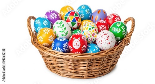 A basket filled with colorful easter eggs in various patterns and designs