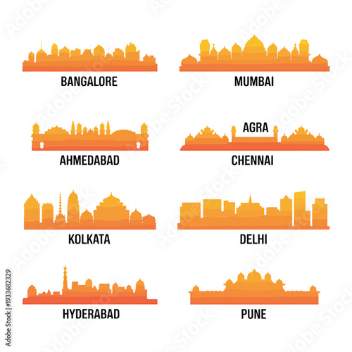 City skylines of bangalore mumbai agra ahmedabad chennai kolkata delhi hyderabad and pune