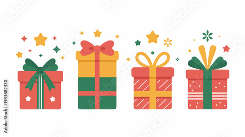 Colorful wrapped gifts with bows and stars for christmas or birthday celebrations on white background