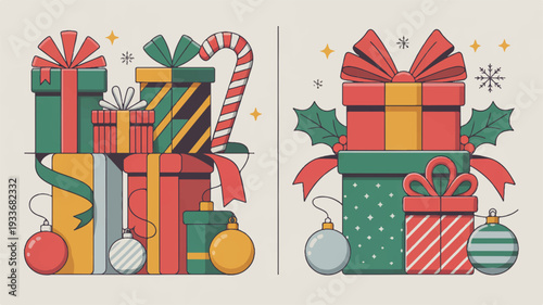 Colorful christmas presents and decorations with bows candy canes and ornaments on beige background