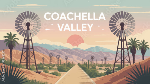 Vibrant desert landscape with windmills palm trees and mountains at sunset in coachella valley california