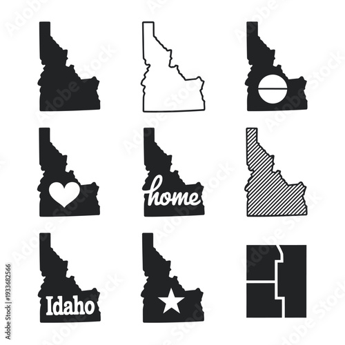 Idaho state shapes with varied designs and textual elements displayed