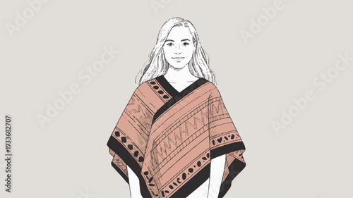 Woman wearing a traditional poncho with intricate patterns and designs on a neutral background