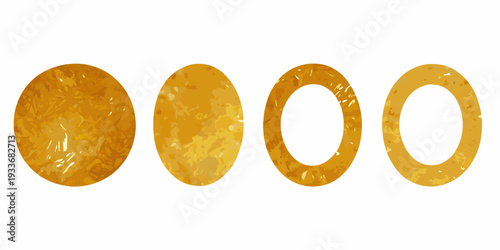 Four golden circles with textured surfaces arranged in a horizontal line