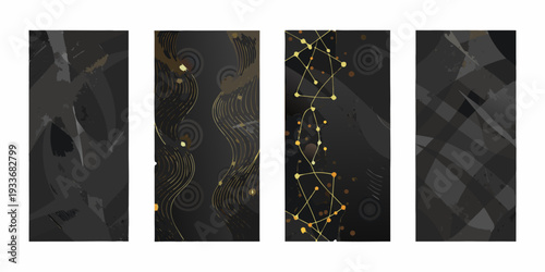 Four abstract vertical panels featuring black and gold geometric designs