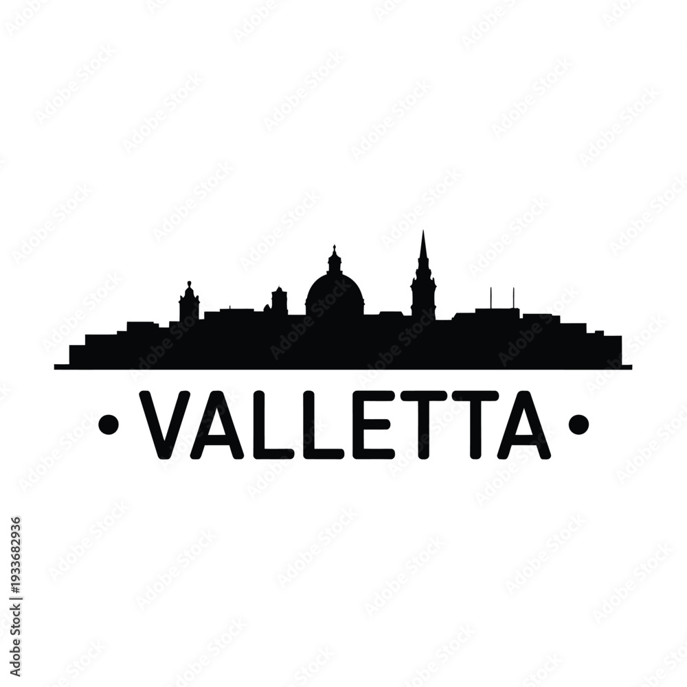 Fototapeta premium Silhouette of valletta skyline with city name text below