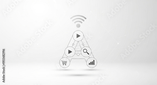 Abstract digital network tower with icons and wifi signal.