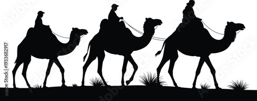 Three Silhouettes of People Riding Camels Across a Desert with Sedge Grass
