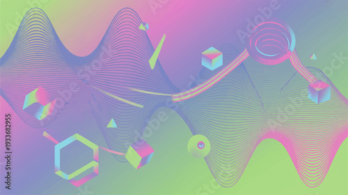 Vibrant abstract background with holographic shapes and wavy lines in purple green and pink hues futuristic gradient design
