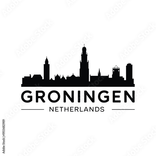 Foto Groningen skyline silhouette with city name and country identification