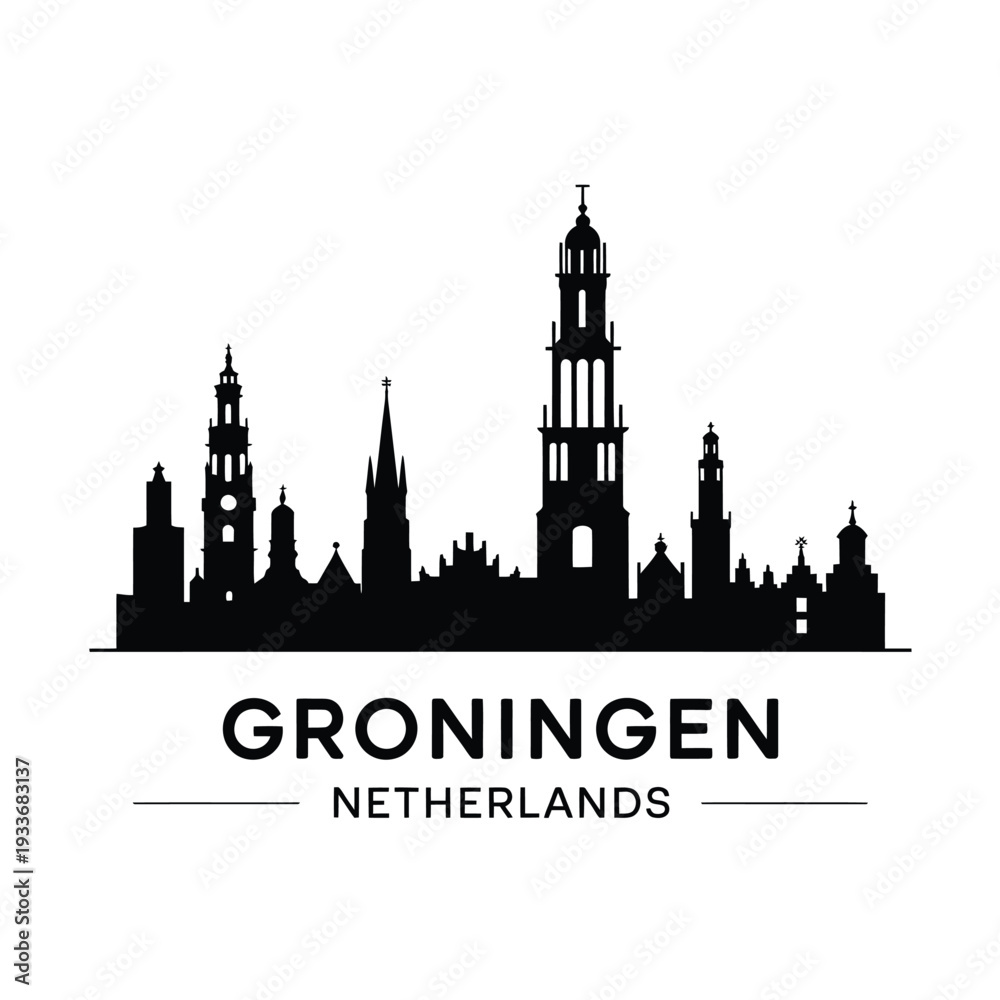 Fototapeta premium Groningen skyline illustration with prominent towers and city name below