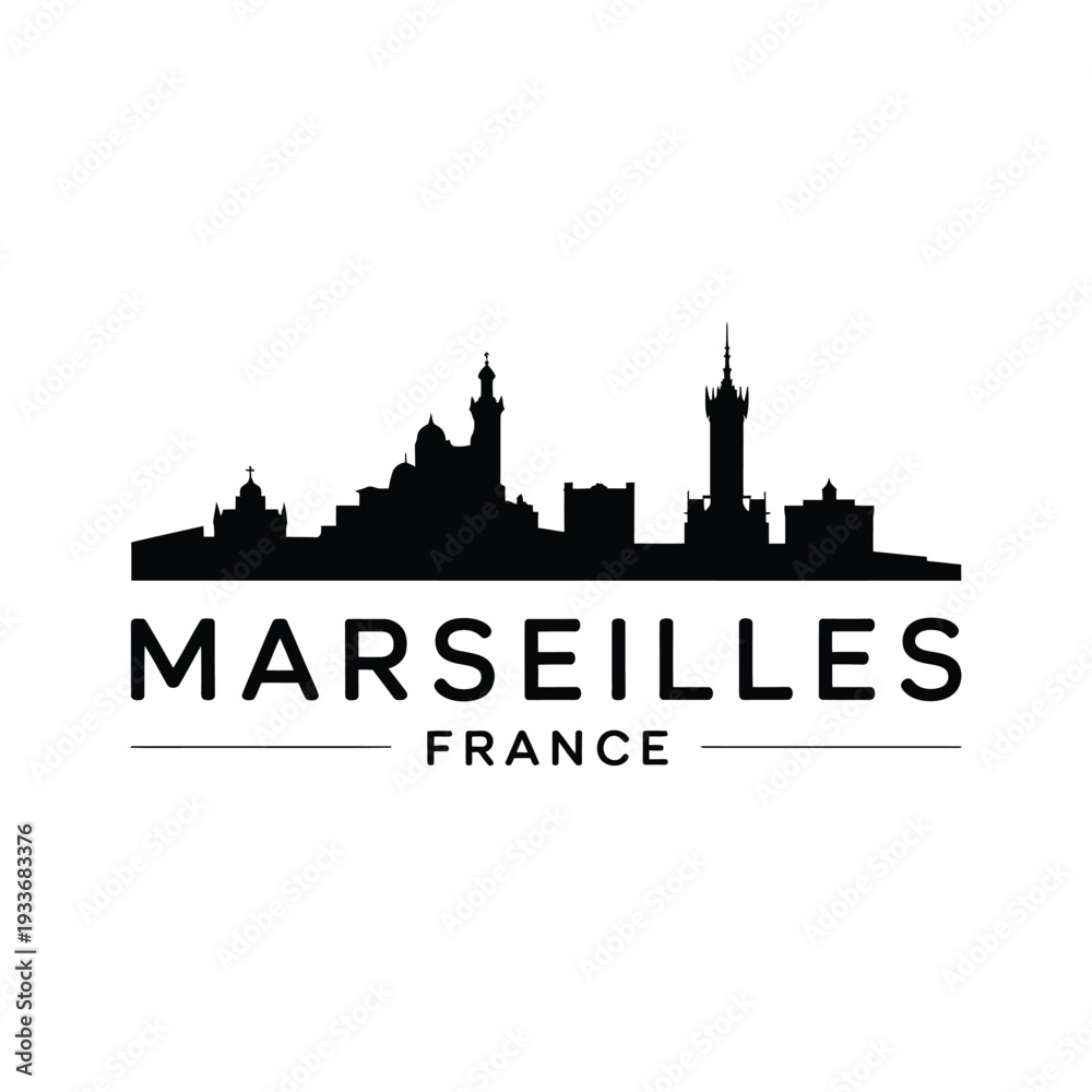 Fototapeta premium Silhouette of the marseilles skyline with the city name displayed below
