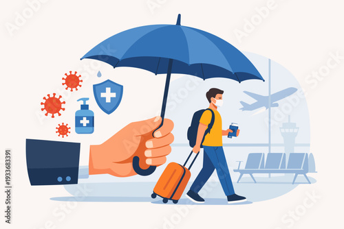 Travel Insurance and Health Protection Concept for Travelers During COVID-19 Pandemic with a Man in a Mask Walking in an Airport Under a Protective Umbrella Held by a Hand to Prevent Infection.