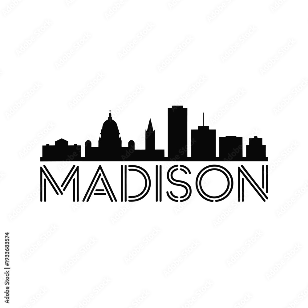 Fototapeta premium Black silhouette of madison wisconsin skyline with city name typography