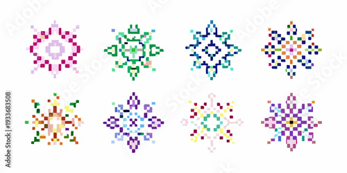 Collection of pixelated snowflake designs in various vibrant color palettes