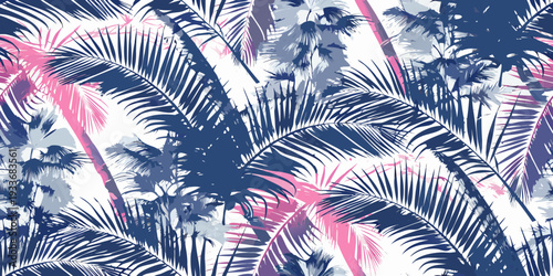 Abstract tropical palm leaves in shades of blue pink and gray