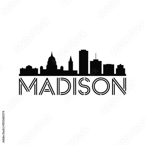 Black silhouette of madison wisconsin skyline with city name typography