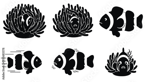 Fish clownfish vector silhouette illustration set with anemone and ocean