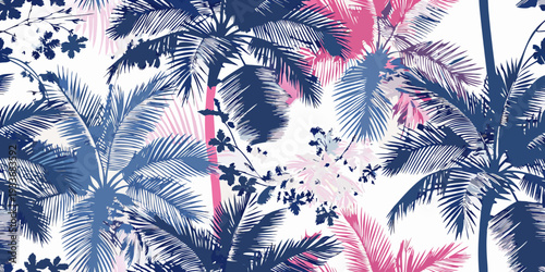 Tropical palm leaves in vibrant shades of blue pink and white