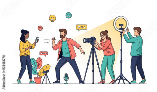 Viral video vector illustration with influencers filming trendy online content