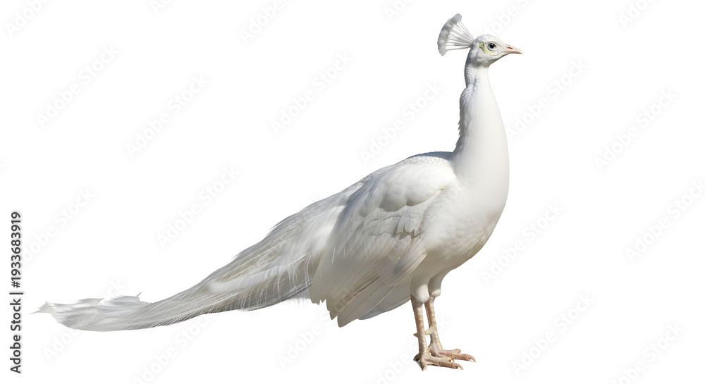 Obraz premium Majestic white peacock standing proudly with feathers spread out against a clean white background