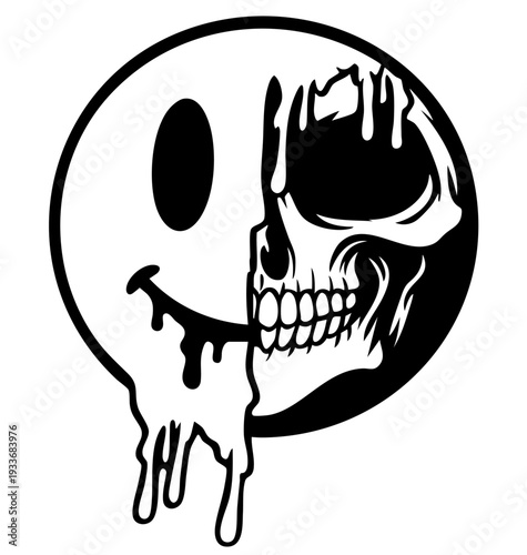 Melting Skull Smiley Sticker, Half Face Acid Grunge, Punk Rave Streetwear Graphic, Black and White Y2K Horror Emoji Vector