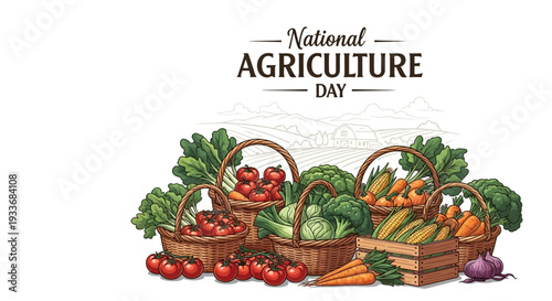 Illustration of baskets filled with fresh vegetables celebrating National Agriculture Day with a vibrant and colorful design on a clean white background.