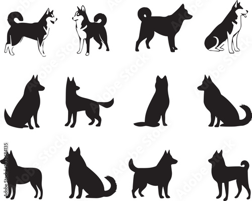 Wolf Inspired Husky Silhouette Dog Logo With Natural Black And White Graphic Style isolated on white background