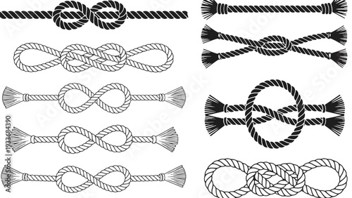 Rope vector illustration set with various knots and tassels