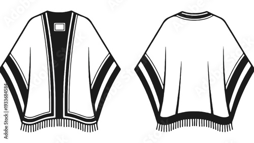 A black and white illustration of a shawl with fringe details