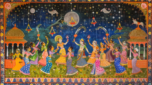 Traditional painting depicting Lord Krishna performing Raas Leela with gopis under a starry night sky.