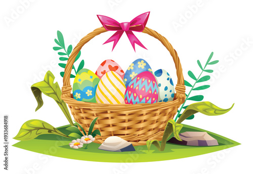 Wicker basket filled with colorful decorated easter eggs on green grass with pink bow. Vector cartoon illustration