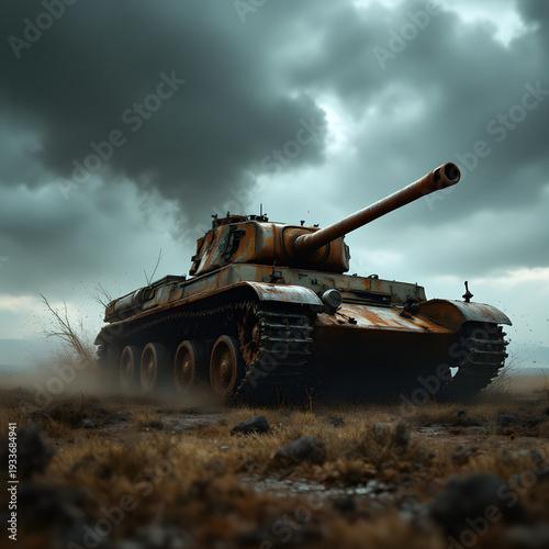 Rusting Panzer tank in a desolate landscape