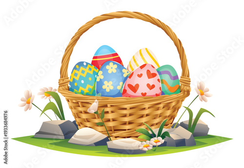 Group of patterned easter eggs in wooden basket on green grass with flowers and stones. Vector cartoon illustration