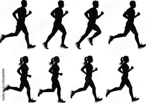 Black Silhouette Set of Men and Women Running and Jogging Isolated on White Background Including Athletes Sprinters and Fitness Enthusiasts for Sports Design Concepts