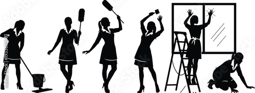 Black Silhouette Set of Professional Cleaning Ladies Isolated on White Background Including Maid Service Housekeeping Janitor Mopping Dusting and Window Washing for Domestic Service Design